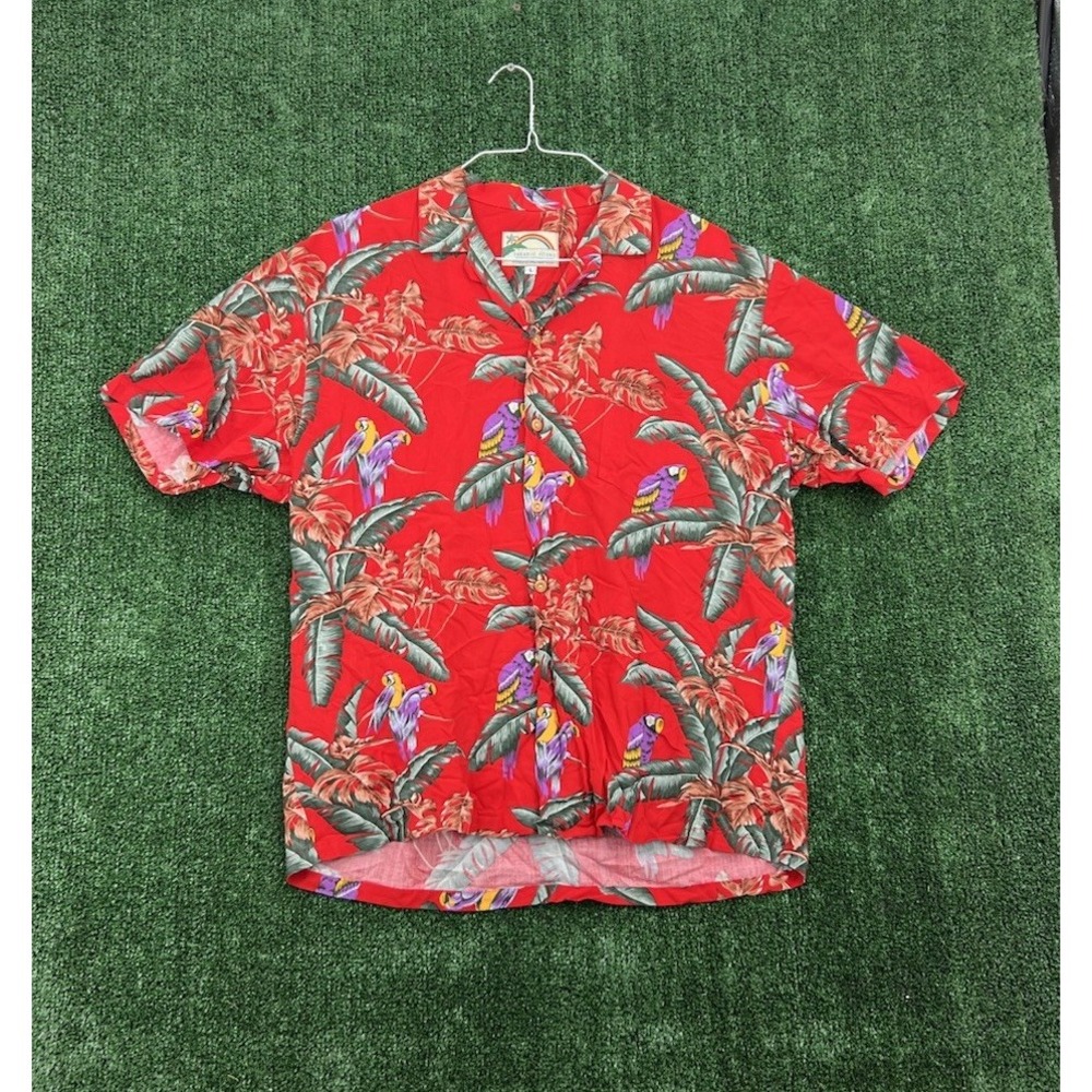 Vtg Paradise Found Shirt Mens Sz L Red Hawaiian Magnum PI Aloha Parrots USA